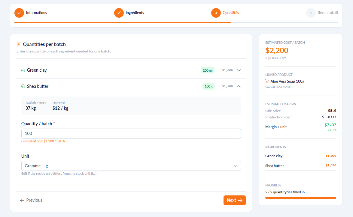 MakerStocks — Recipe creation & COGS calculation